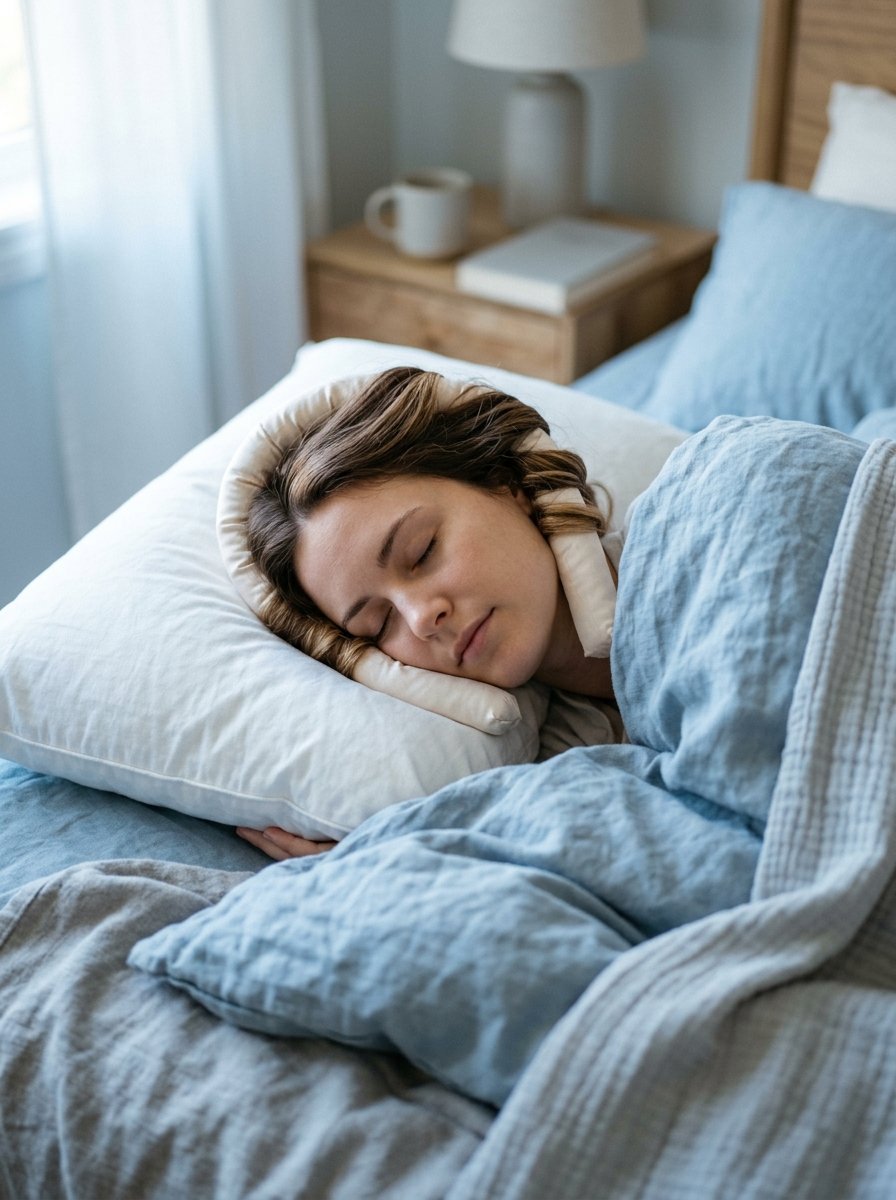 A young woman with a fabric hair curling rod wrapped around her head resting on a white pillow.