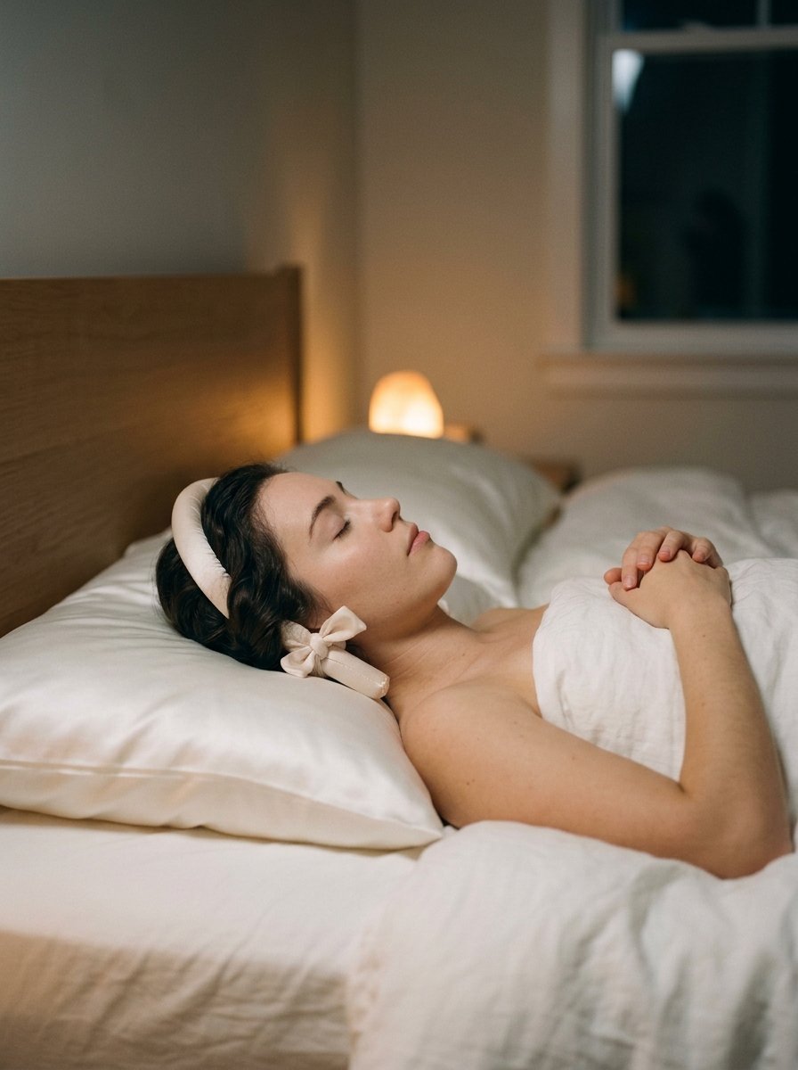 Side profile of a woman with eyes closed wearing a satin heatless hair curler while sleeping in a white bed.