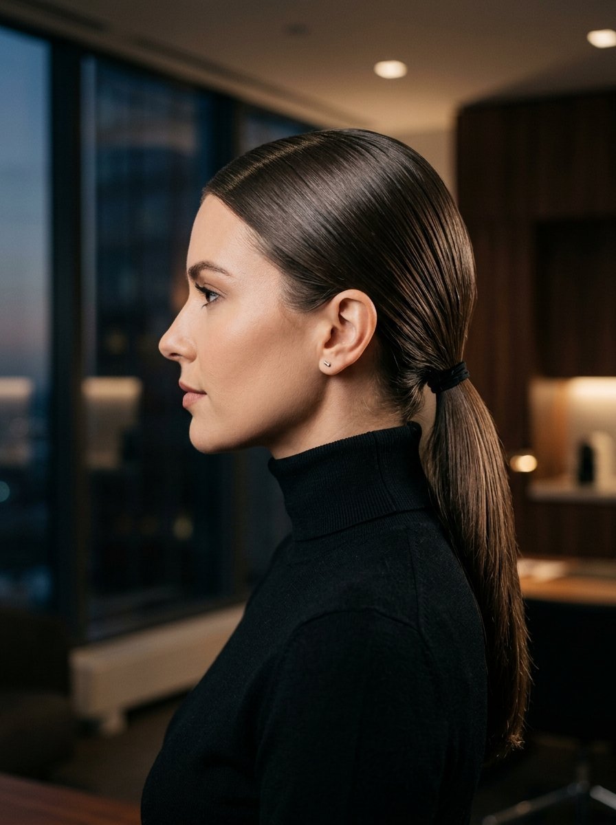 Side profile of a woman wearing a black turtleneck and hair pulled back into a smooth, tight ponytail.