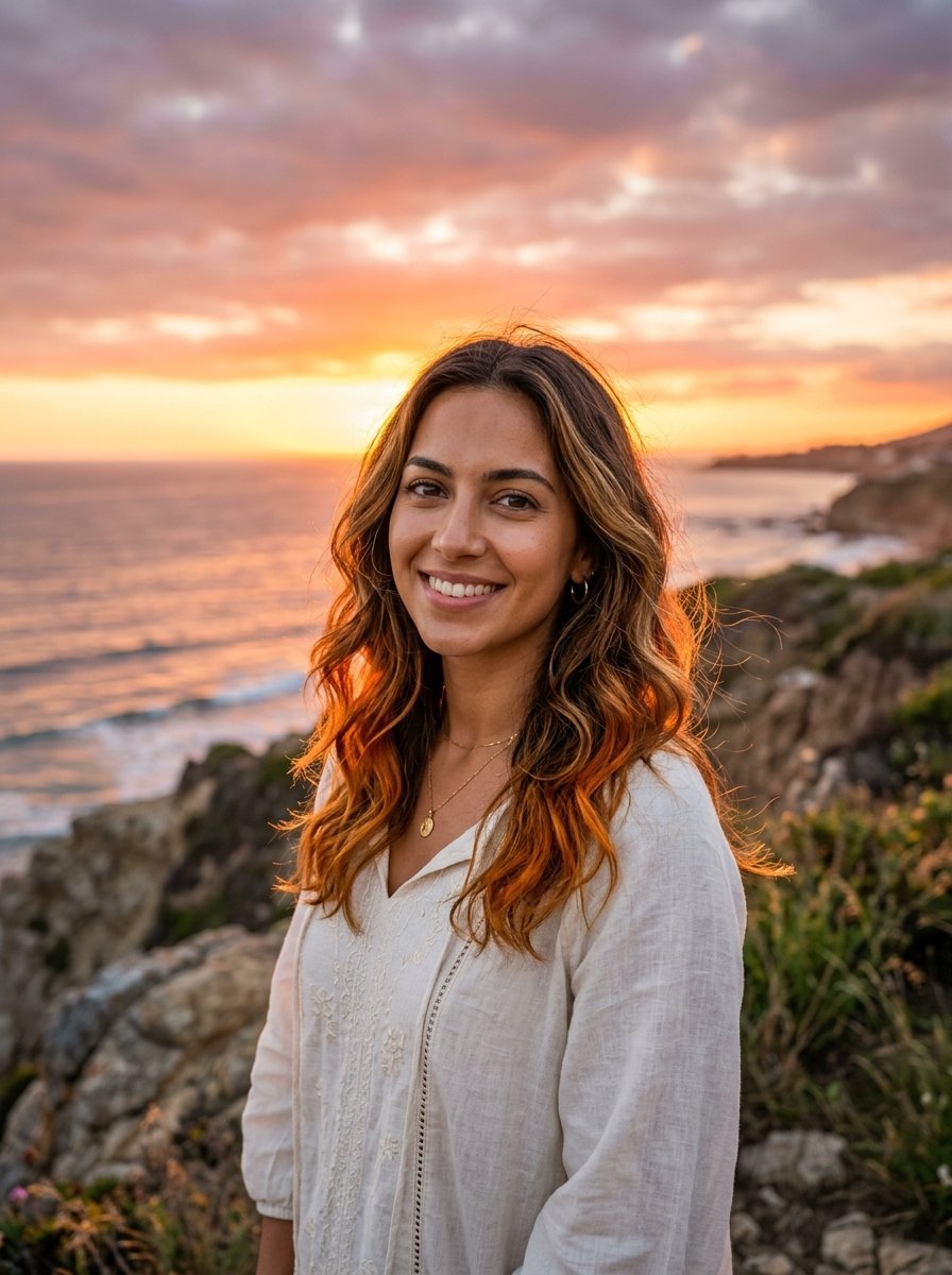 Portrait of a smiling woman in a white linen shirt standing on a rocky cliff overlooking the ocean at sunset.