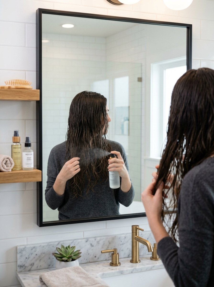 A woman with wet hair spraying a styling product into her hair while looking at her reflection in a framed mirror.