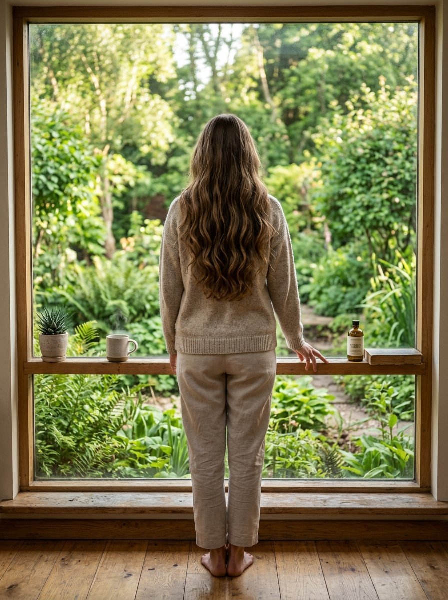 Back view of a woman with long wavy hair looking out a large window at green trees and foliage.