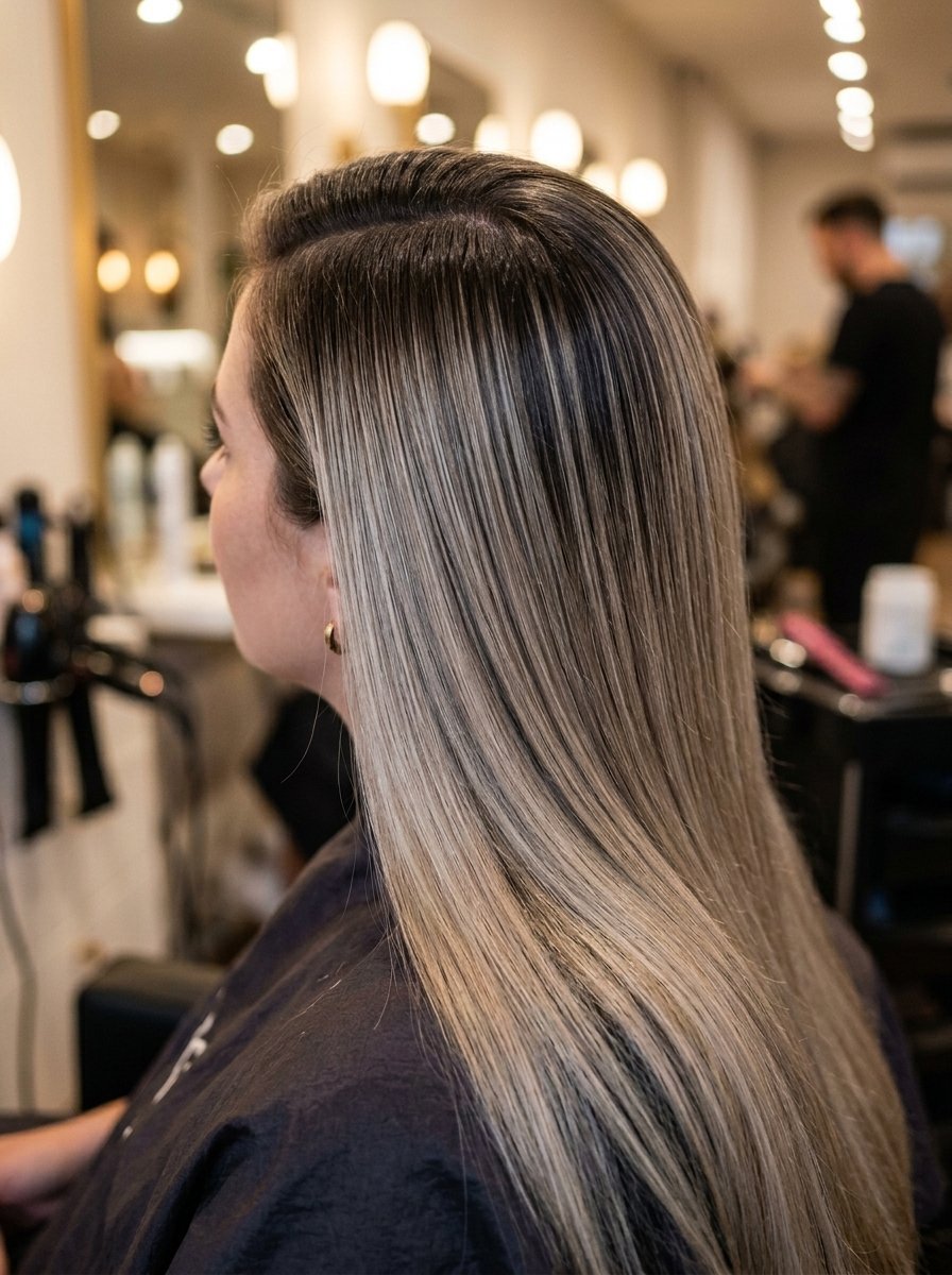 Close-up of a woman in a salon chair with long straight hair showing ash blonde highlights and dark roots.