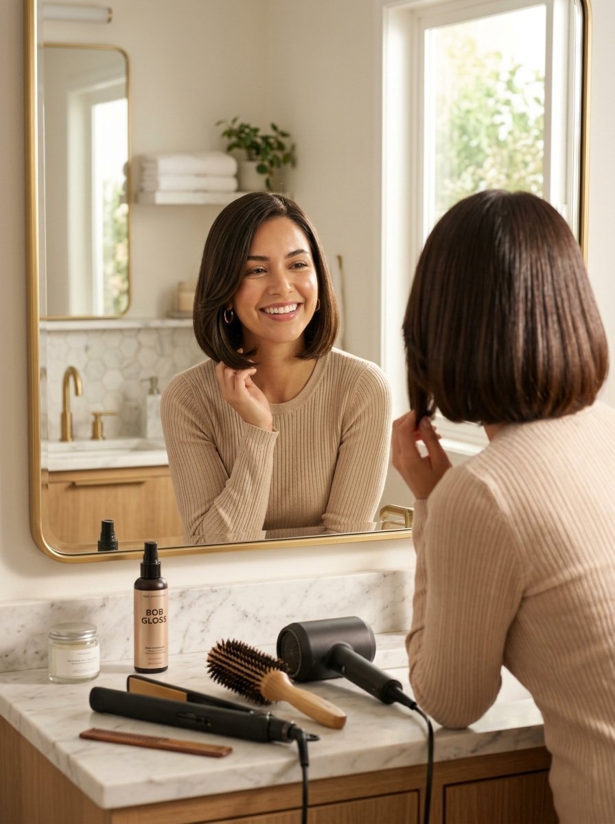 A woman checking her hair in a bathroom mirror with hair tools and styling products on the marble counter.