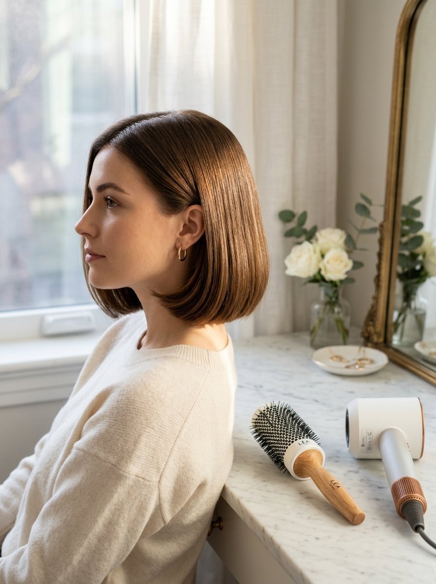 Side profile of a woman with short brown hair sitting next to a round hairbrush and dryer on a marble surface.