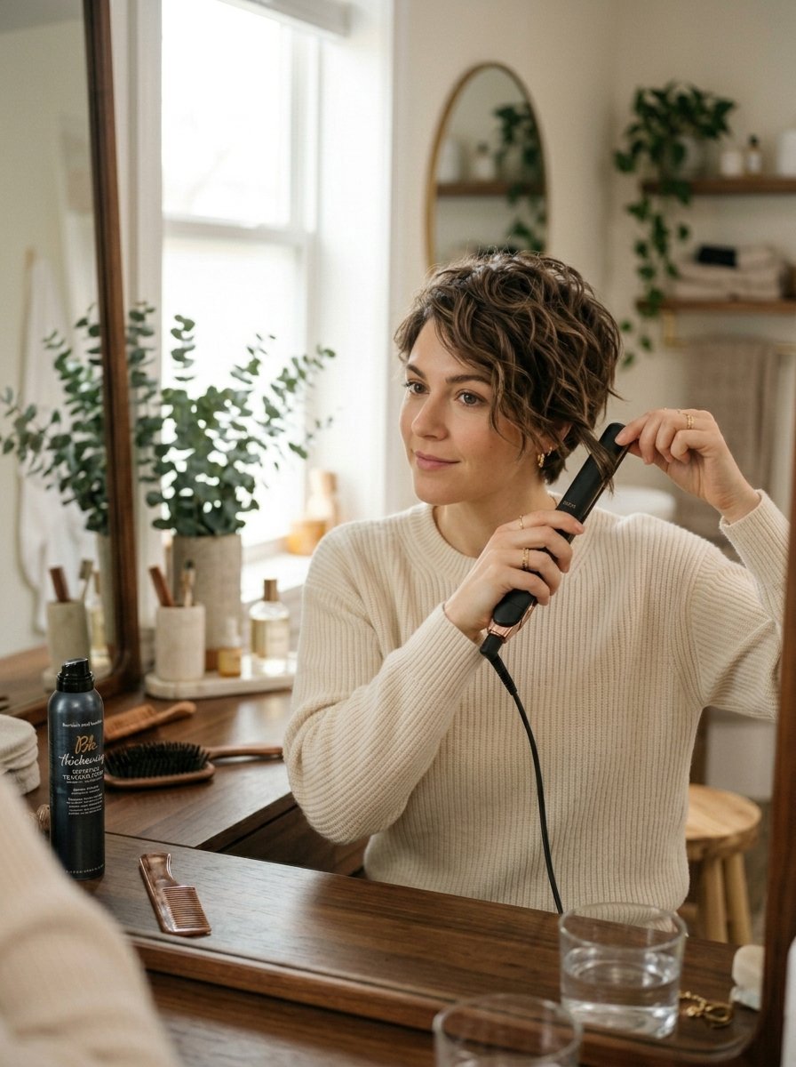 A woman with short curly hair uses a hair straightener in front of a wooden vanity mirror.