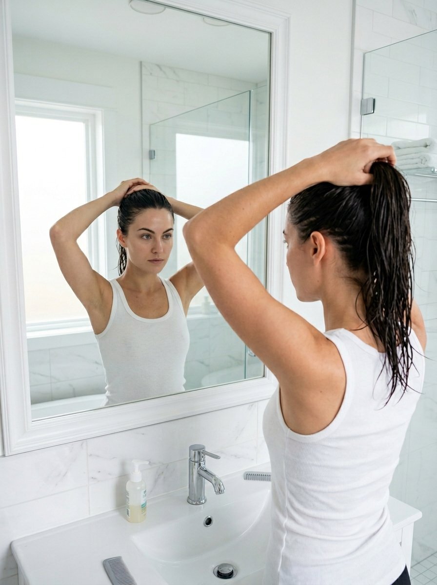 Reflective view of a woman in a white tank top styling her wet hair while looking into a large wall mirror.