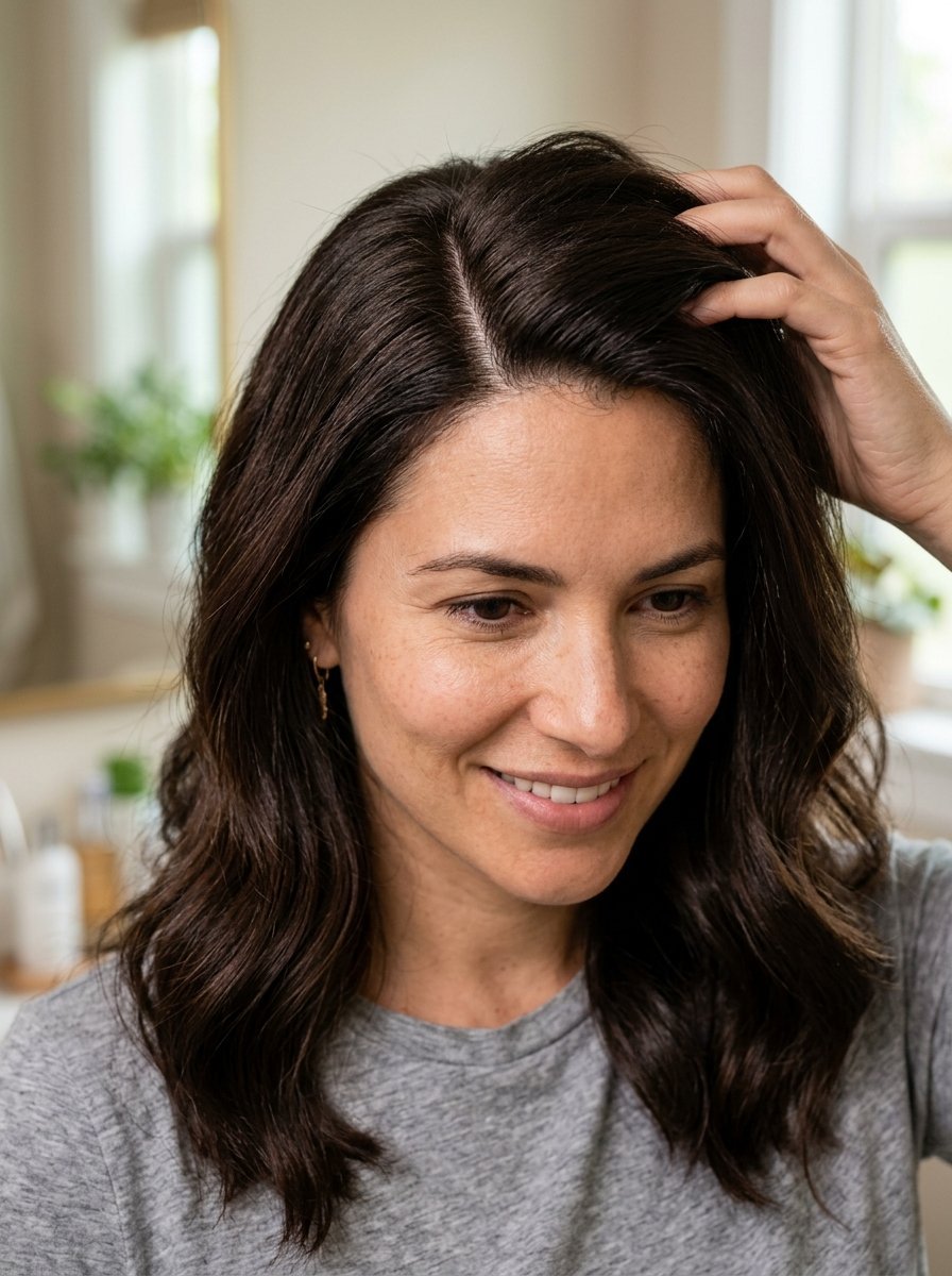 A smiling woman with shoulder-length brunette waves touching her scalp while looking down.