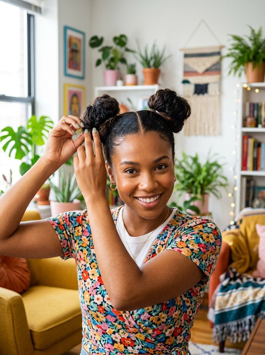 Close-up of a smiling woman in a floral top adjusting her hair into two high buns in a sunlit room with houseplants.