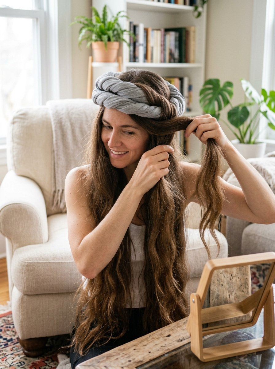 A person with long wavy hair styling her hair using a soft grey wrap headband while looking into a desk mirror.