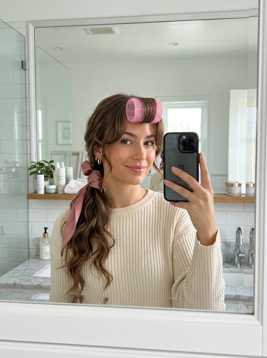 Woman in a beige sweater with a pink hair roller and silk hair tie styling her wavy hair in a mirror selfie.