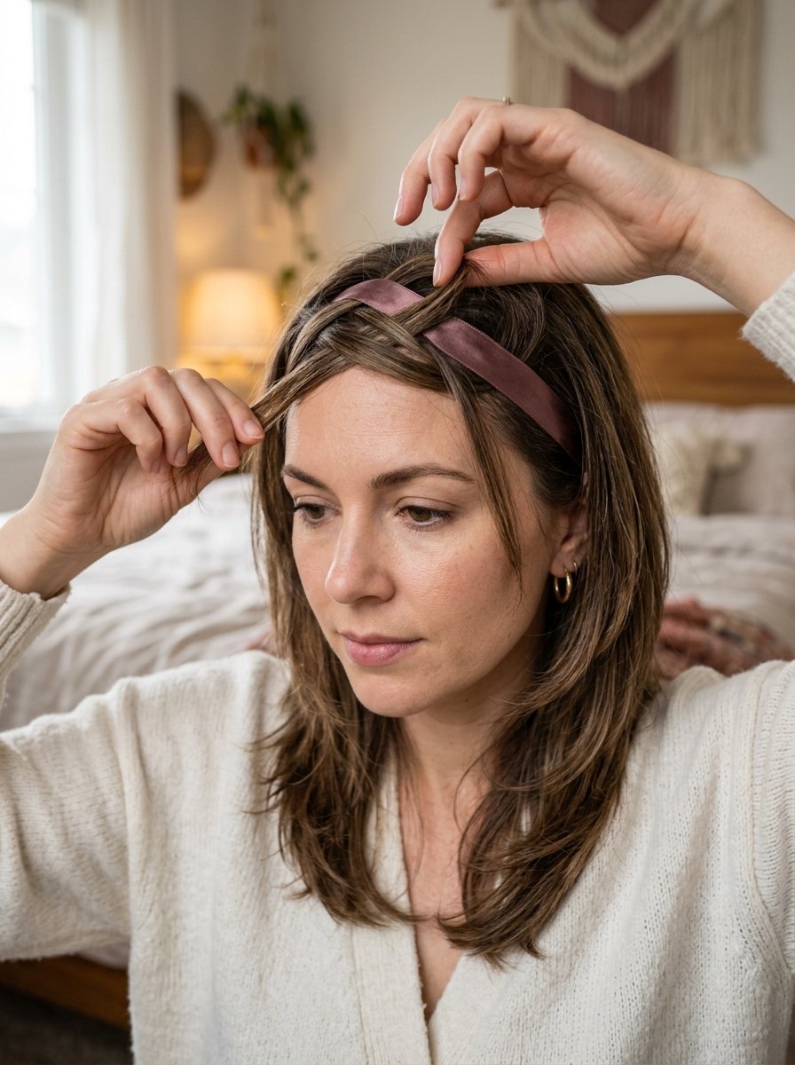 A woman styling her brown hair by weaving a thin mauve satin ribbon through her front strands.