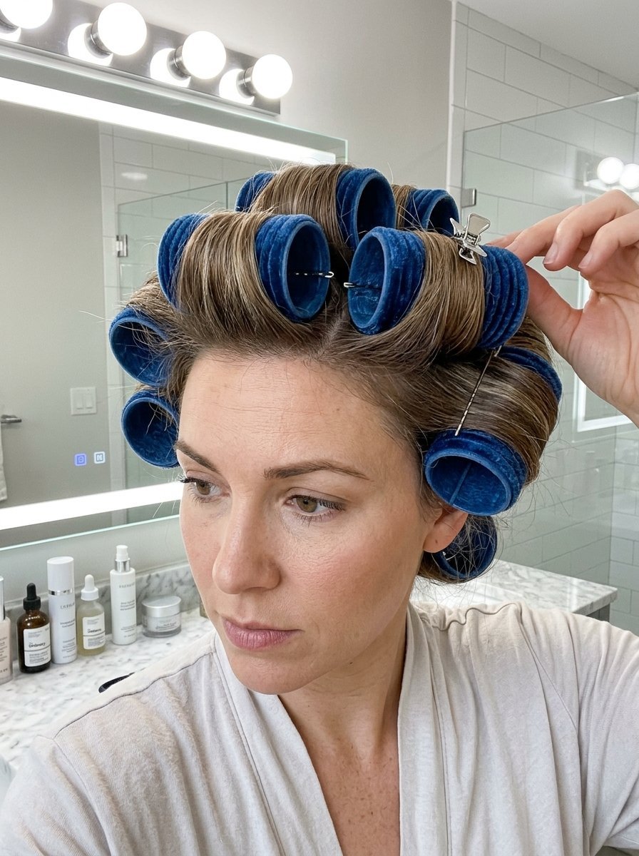 Close up of a woman wearing blue hair rollers to create volume in her hair while standing in a bright bathroom.