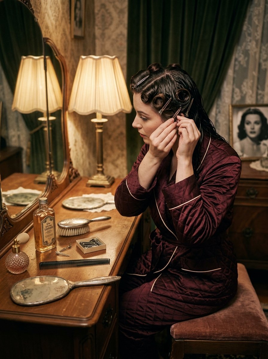 Woman in a quilted robe using hair clips to style her hair at an antique wooden vanity with vintage beauty tools.