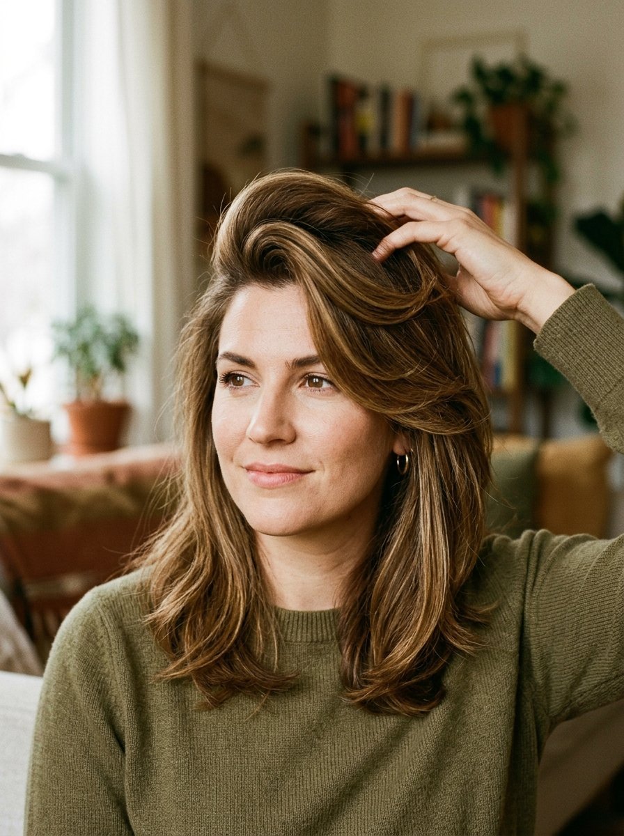 Portrait of a woman wearing an olive green sweater with her hand running through her wavy brown layered hair.