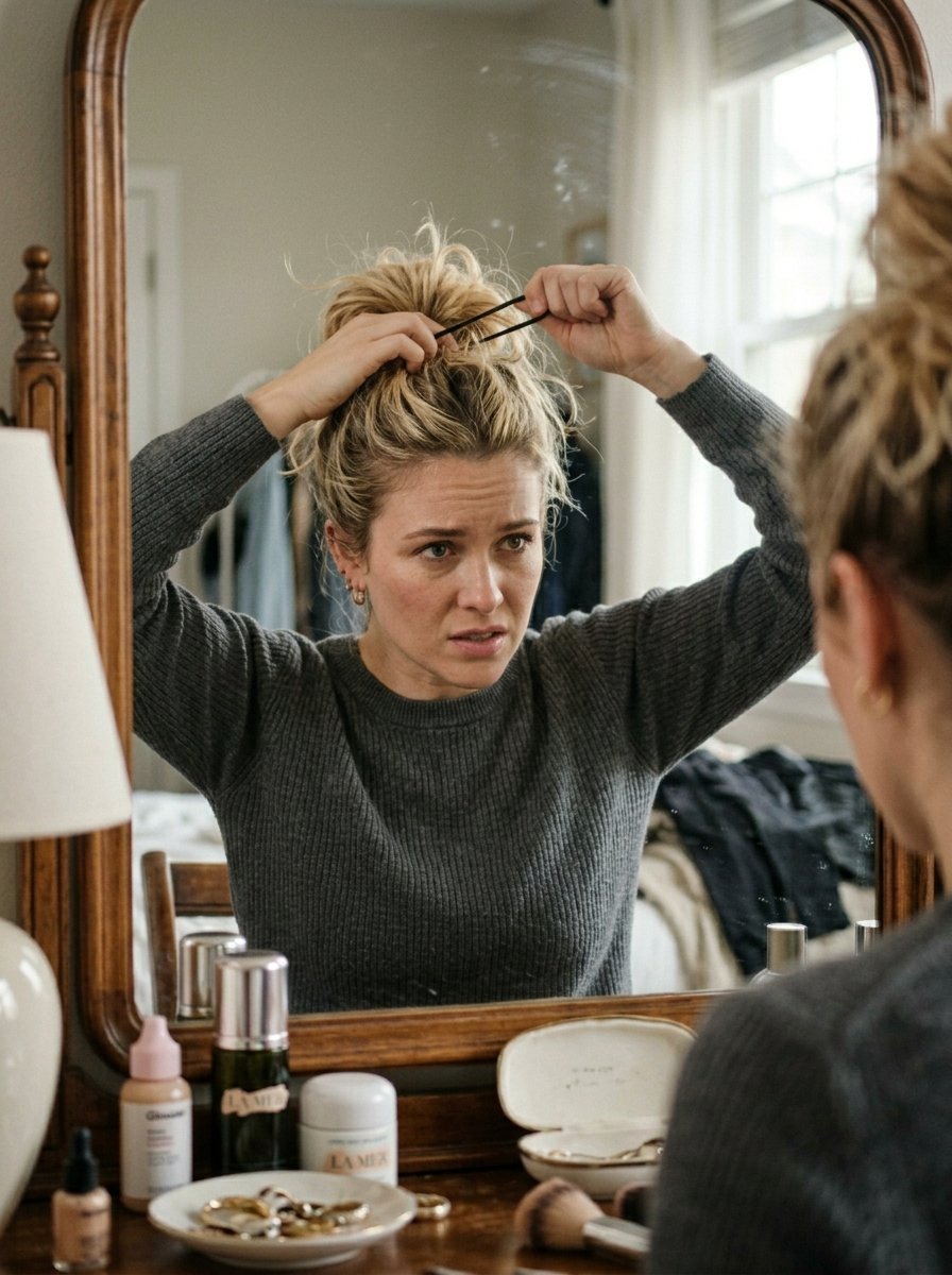 Blonde woman looking into a wooden mirror while putting her hair into a messy bun.