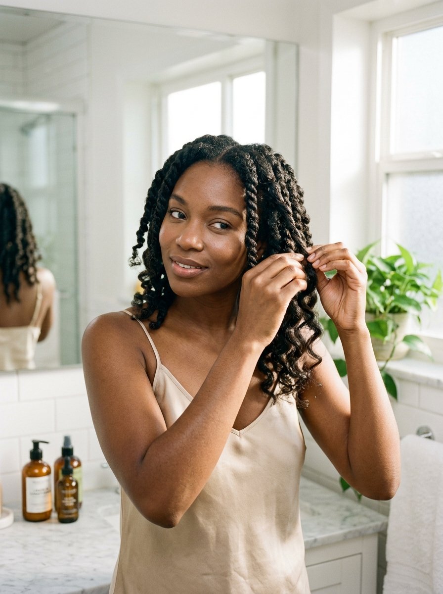 Young woman with braided hair twists looking in a bathroom mirror and touching her hair.