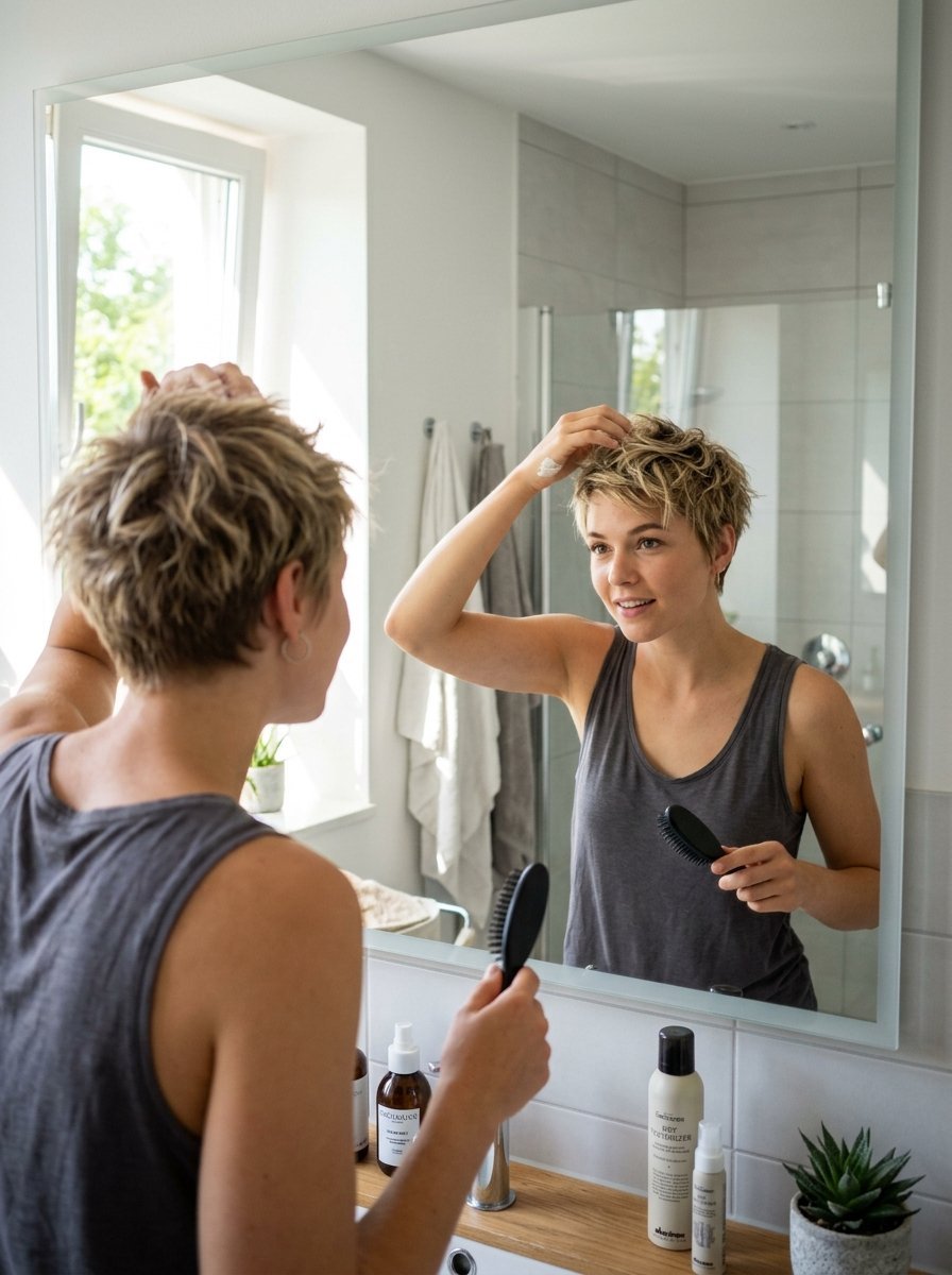Short-haired woman looking in bathroom mirror while putting product in her hair.