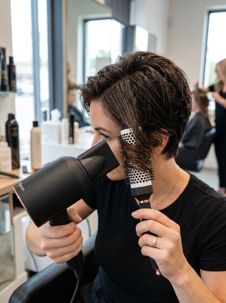Close-up of a person blow-drying their short brown hair with a black Dyson dryer and a vented ceramic round brush.
