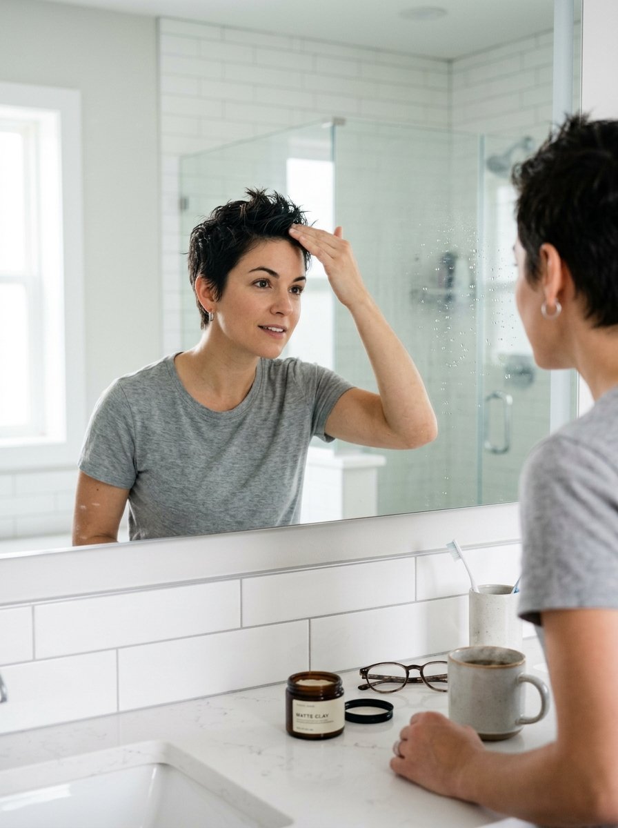 Short-haired woman looking in bathroom mirror while applying hair product with her hand.