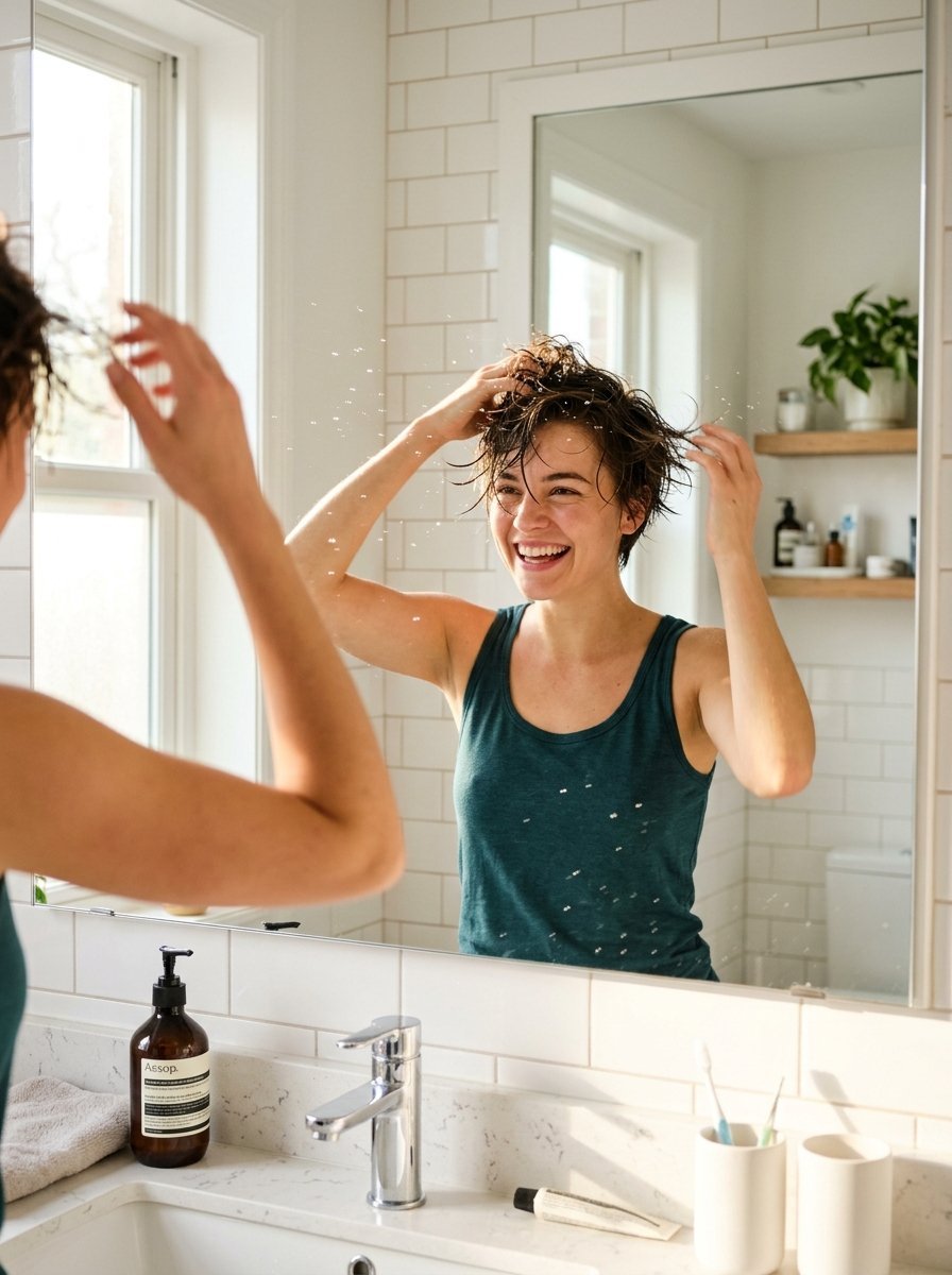Smiling woman in a tank top styling her short wet hair while looking into a bathroom vanity mirror.
