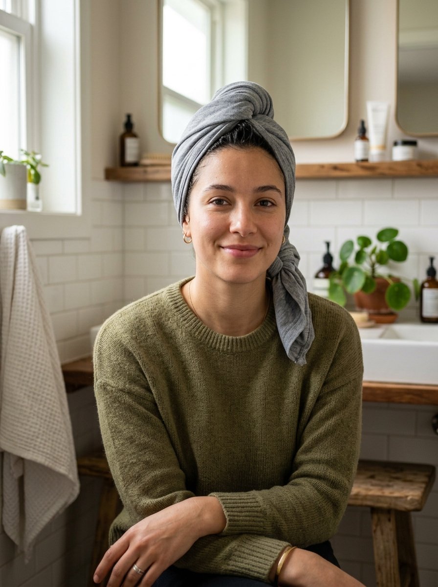 Portrait of a woman wearing a grey jersey hair wrap while sitting in a bright, modern bathroom.