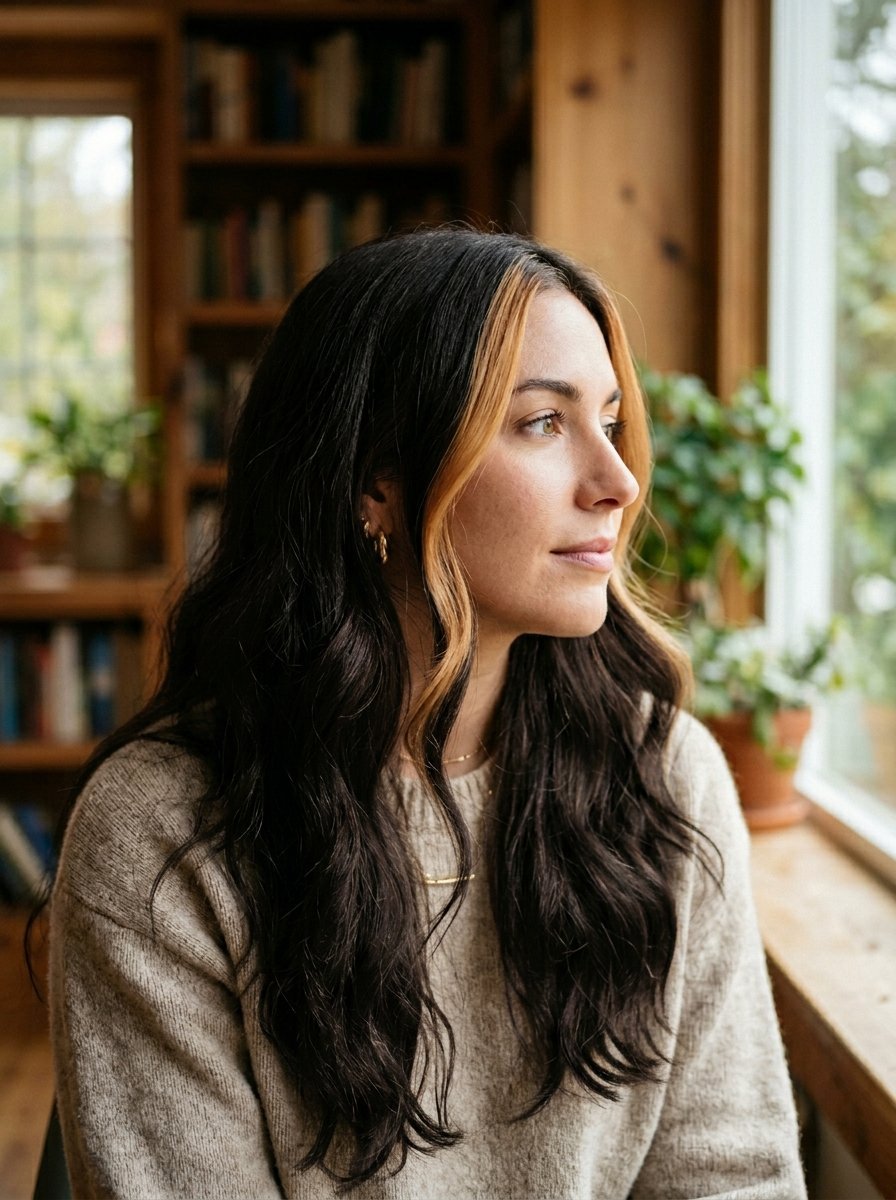 Profile view of a woman with long dark hair and lighter blonde face-framing highlights sitting in a library.