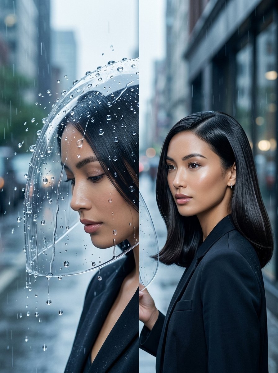 Close-up portrait of a woman with dark hair wearing a blazer under a clear umbrella with visible raindrops.