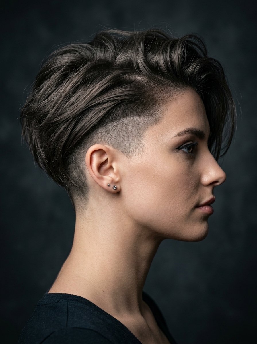 Portrait of a woman showing a short, layered pixie cut with shaved sides against a dark background.