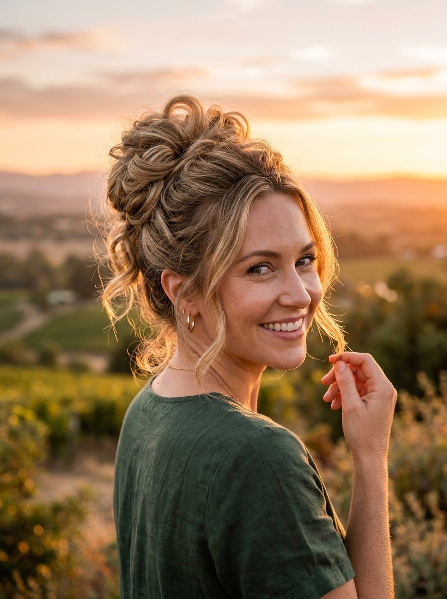 Portrait of a woman wearing a green top and an intricate updo, smiling outdoors against a sunset backdrop.