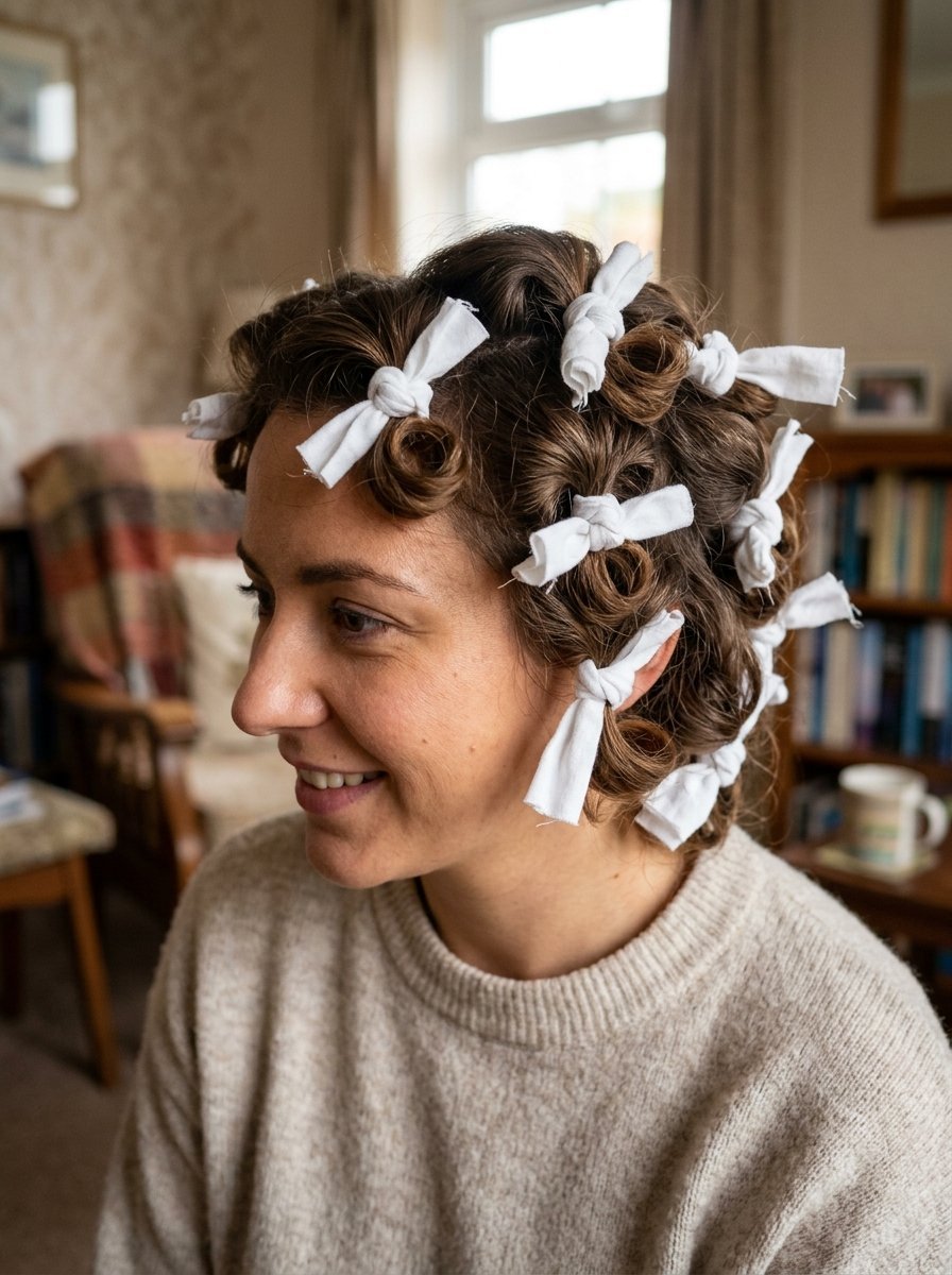 Close-up profile of a smiling woman with wavy brown hair secured in small white cloth rags for heatless curls.