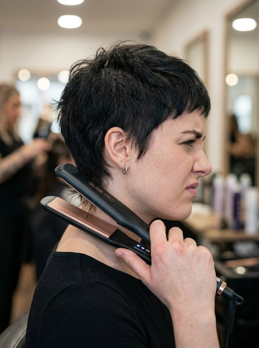 Close-up profile of a person using a Glide Pro flat iron on their short layered dark hairstyle in a salon.