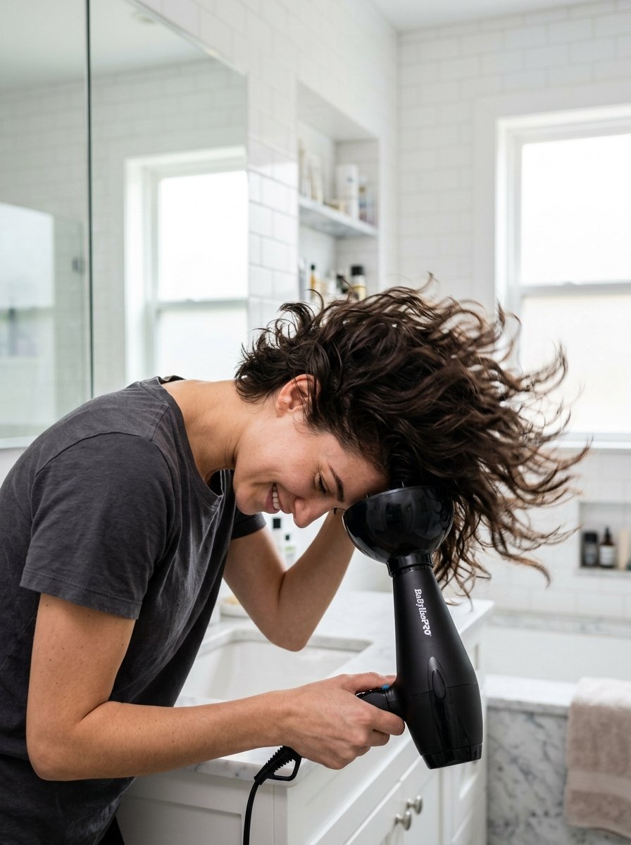 A person with wavy brown hair holding a hairdryer with a diffuser attachment against their head in a bathroom.