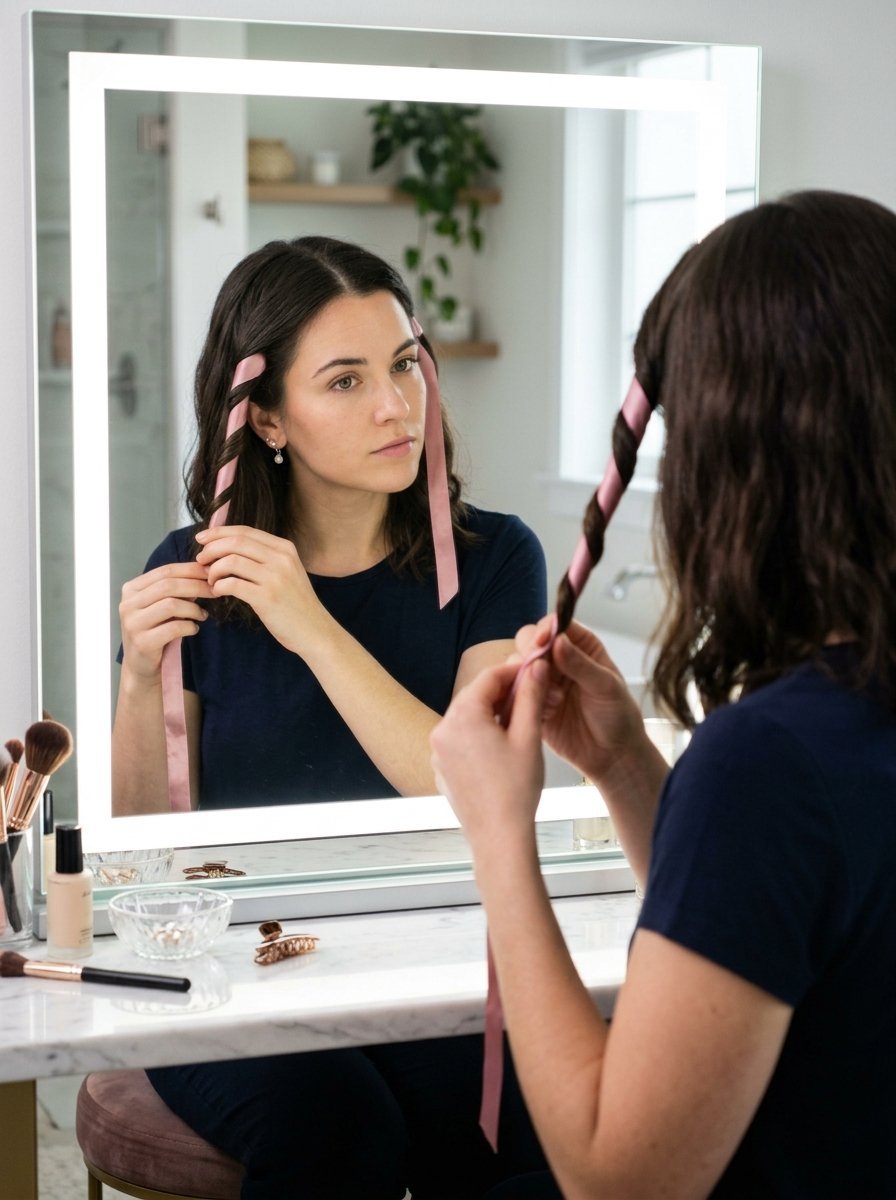 A woman looking in an illuminated mirror while wrapping her hair around a pink satin heatless curler.