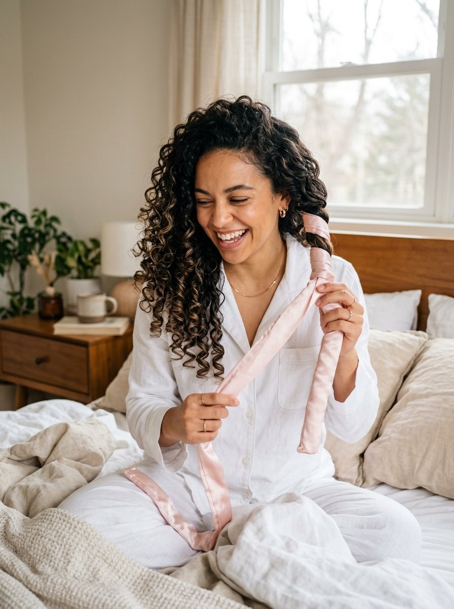 A woman in white pajamas sitting on a bed wrapping her curly hair around a pink silk heatless curler.