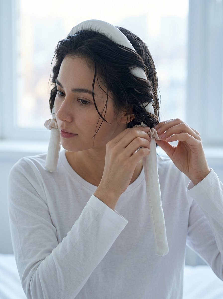 A person wrapping wet hair around a padded headband for overnight heatless styling.