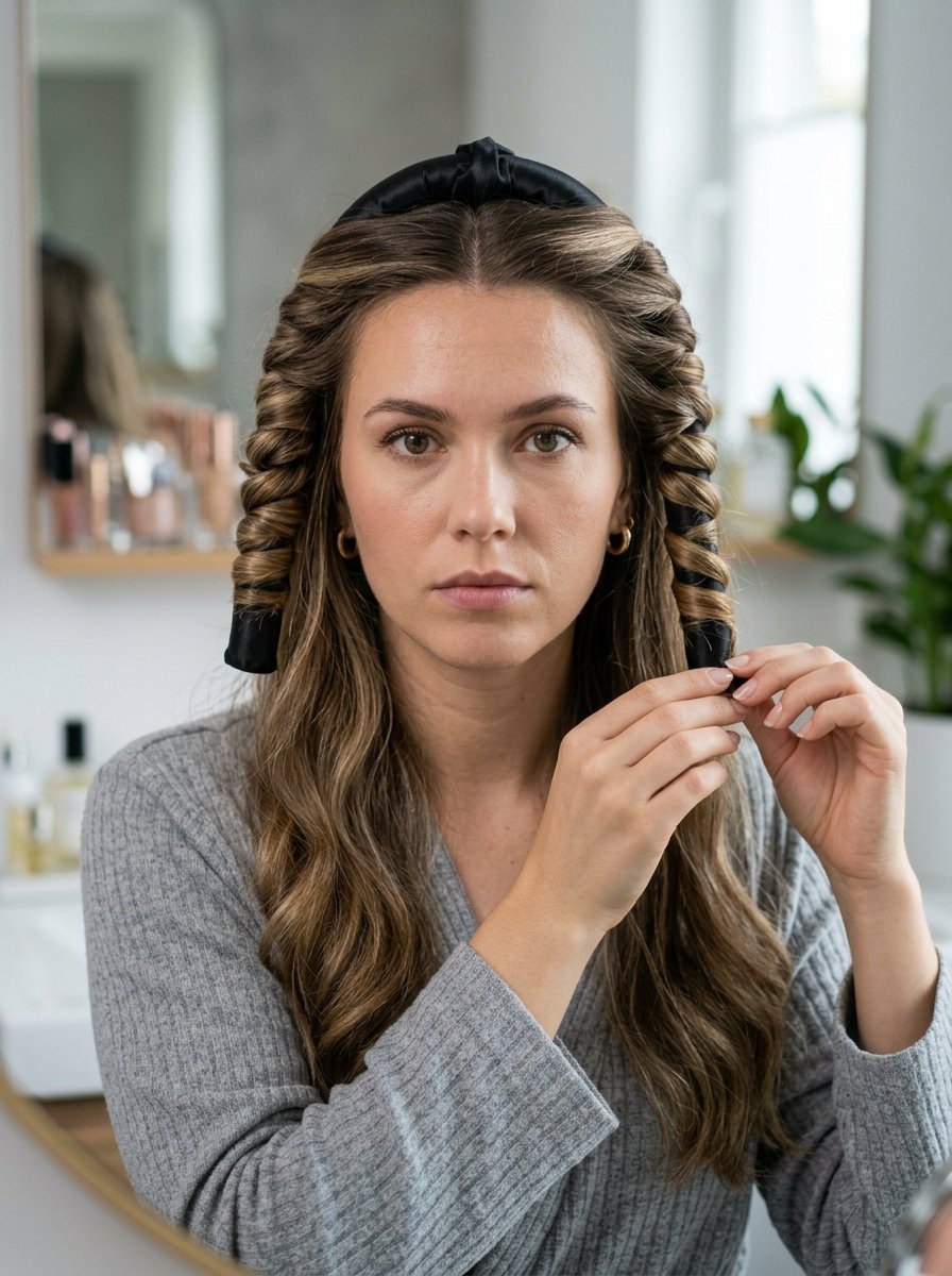 A woman adjusting a black fabric hair curling tool wrapped around her hair in a bright bathroom setting.