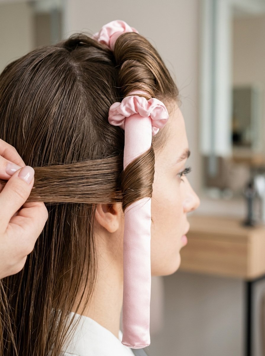 Close up of hands wrapping brown hair around a pink fabric heatless styling tool.