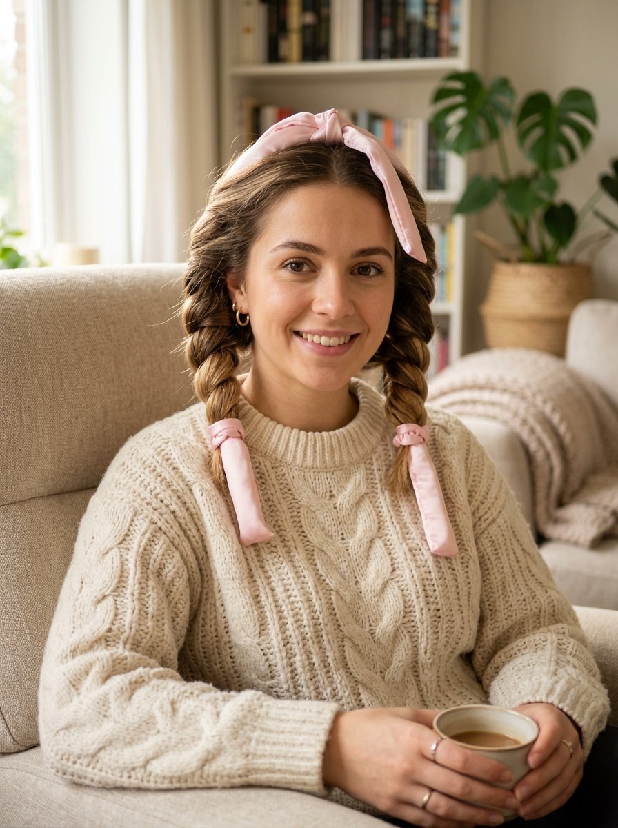 Young woman in a cable knit sweater holding a mug while wearing a satin heatless curling kit in her hair.
