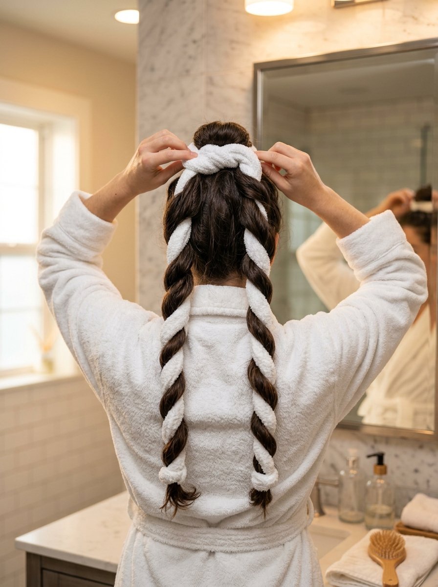 A woman in a white bathrobe secures a soft fabric rod in her hair to create heatless curls.