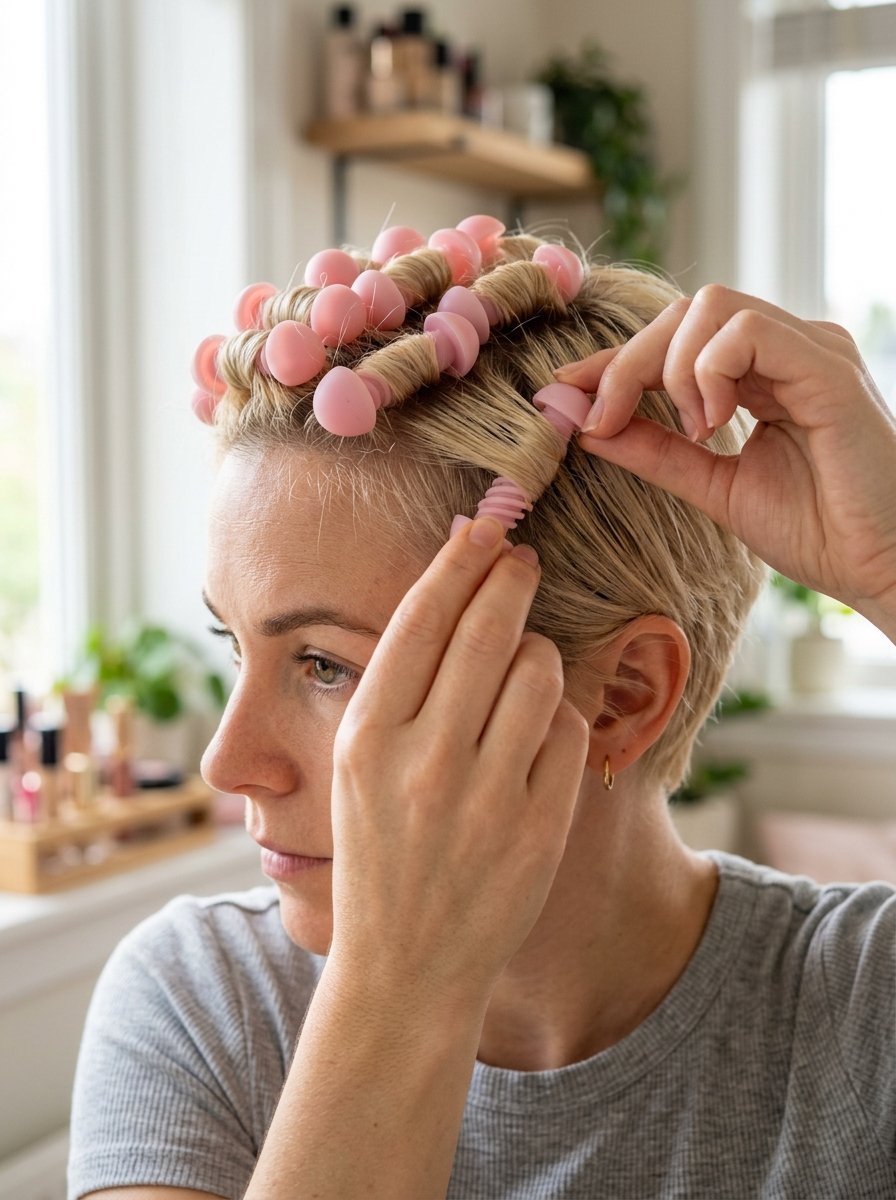 Close-up of a blonde woman inserting plastic pink spiral rollers into her short hair.