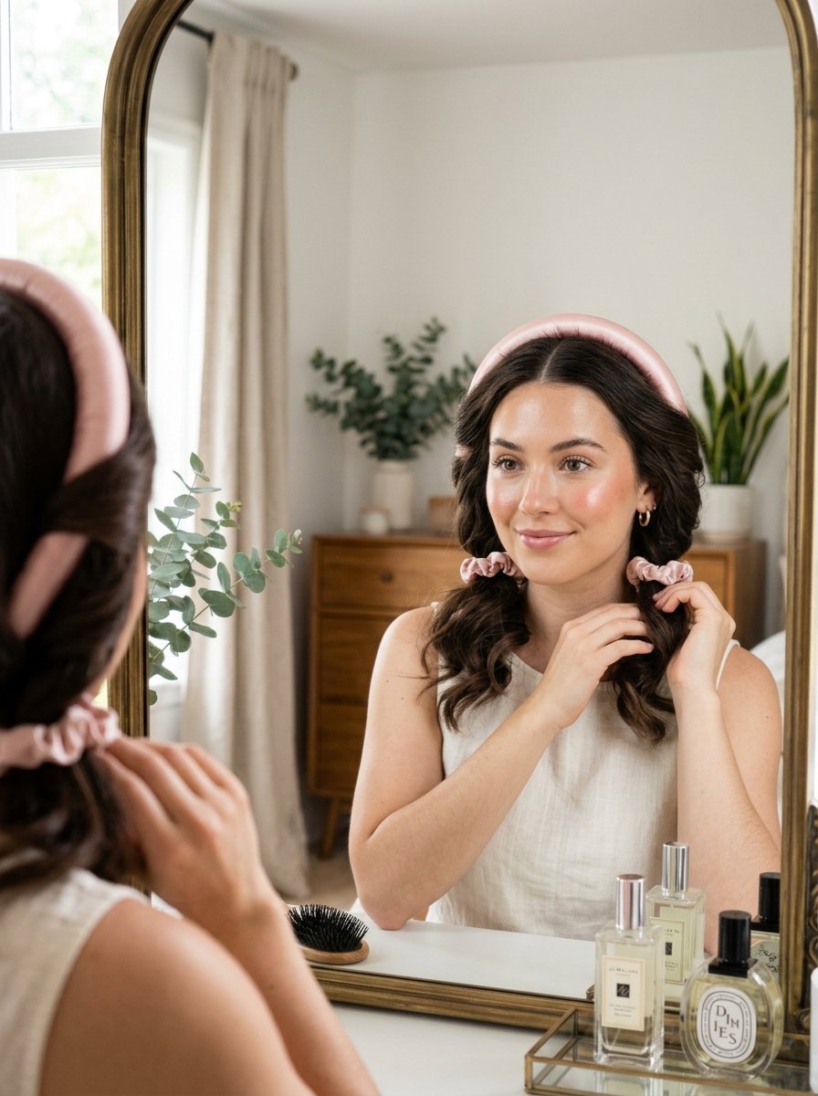 A woman looks into a mirror while securing her hair with pink satin scrunchies and a matching padded headband.