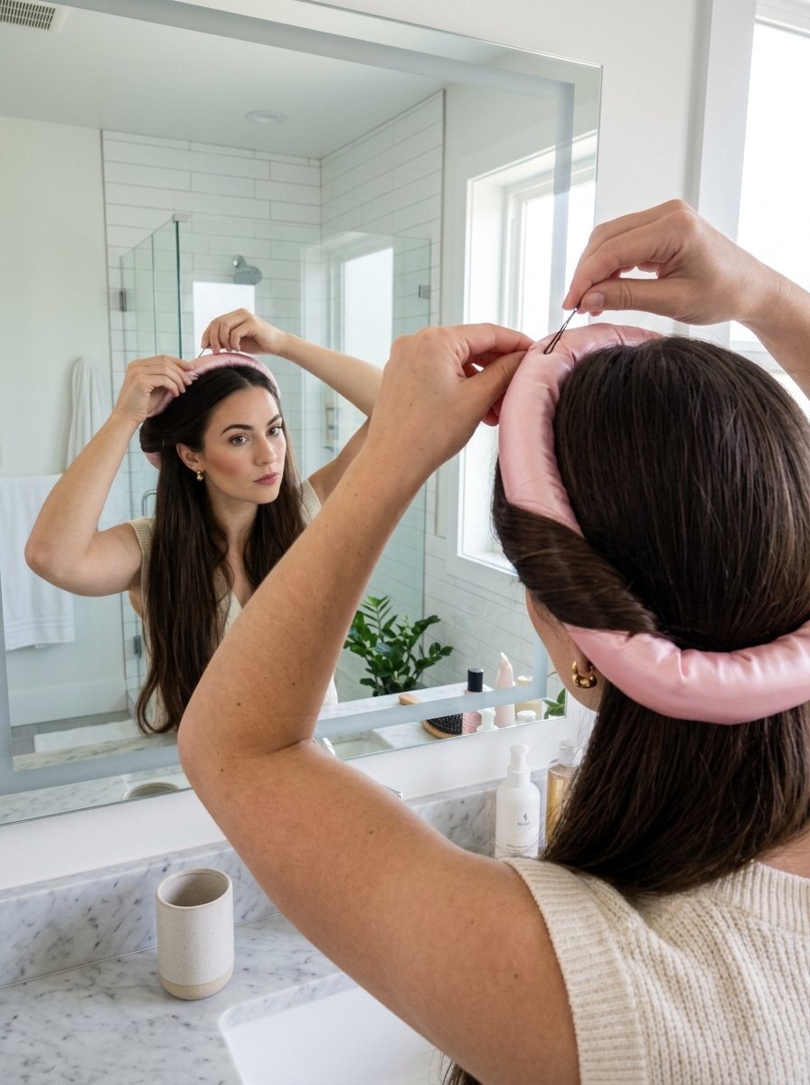 A woman securing a pink satin heatless hair curler with a bobby pin.