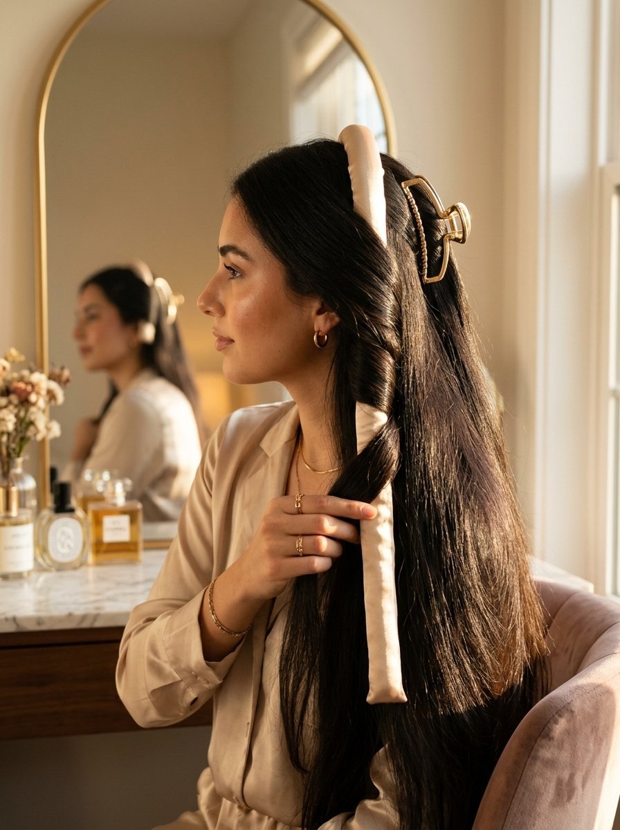 Profile view of a woman in silk pajamas wrapping her hair around a beige satin heatless styling rod.