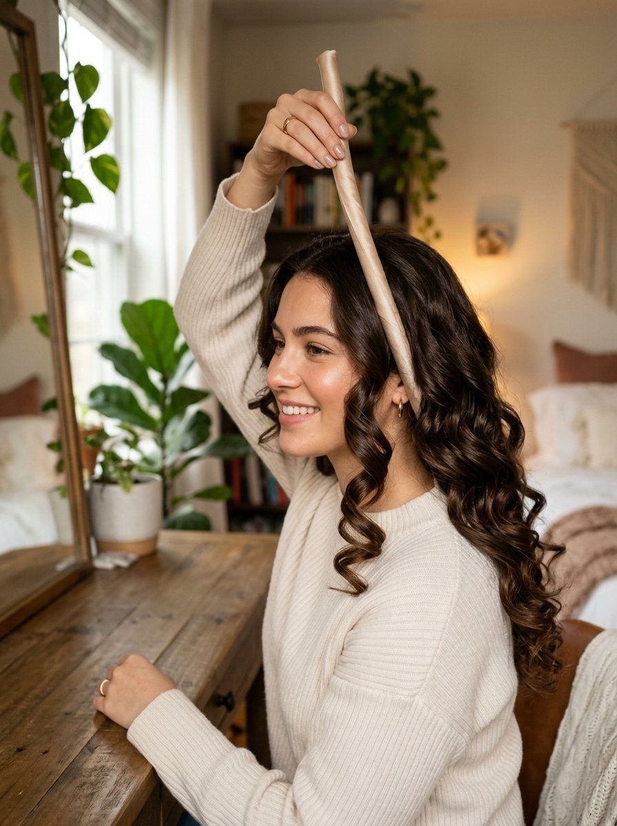 A smiling woman in a beige sweater holds a satin hair curler while styling her long brown curls in a bedroom.