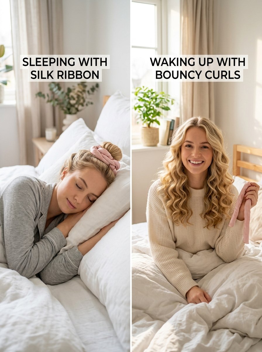 Comparison of a woman sleeping with a pink silk curling rod and waking up with styled wavy blonde hair.