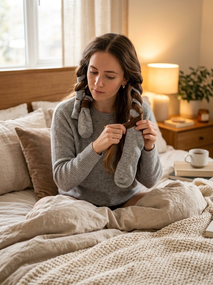 Young woman wearing a grey sweater wrapping sections of her hair around socks for a heatless curling technique.