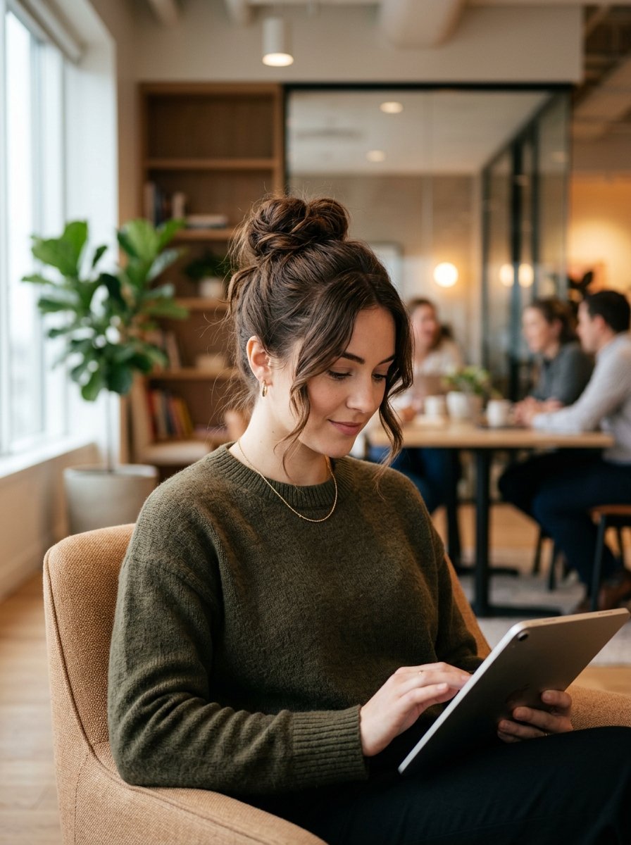 Professional woman with hair in a bun sitting in a chair while looking at a tablet in a blurred office setting.