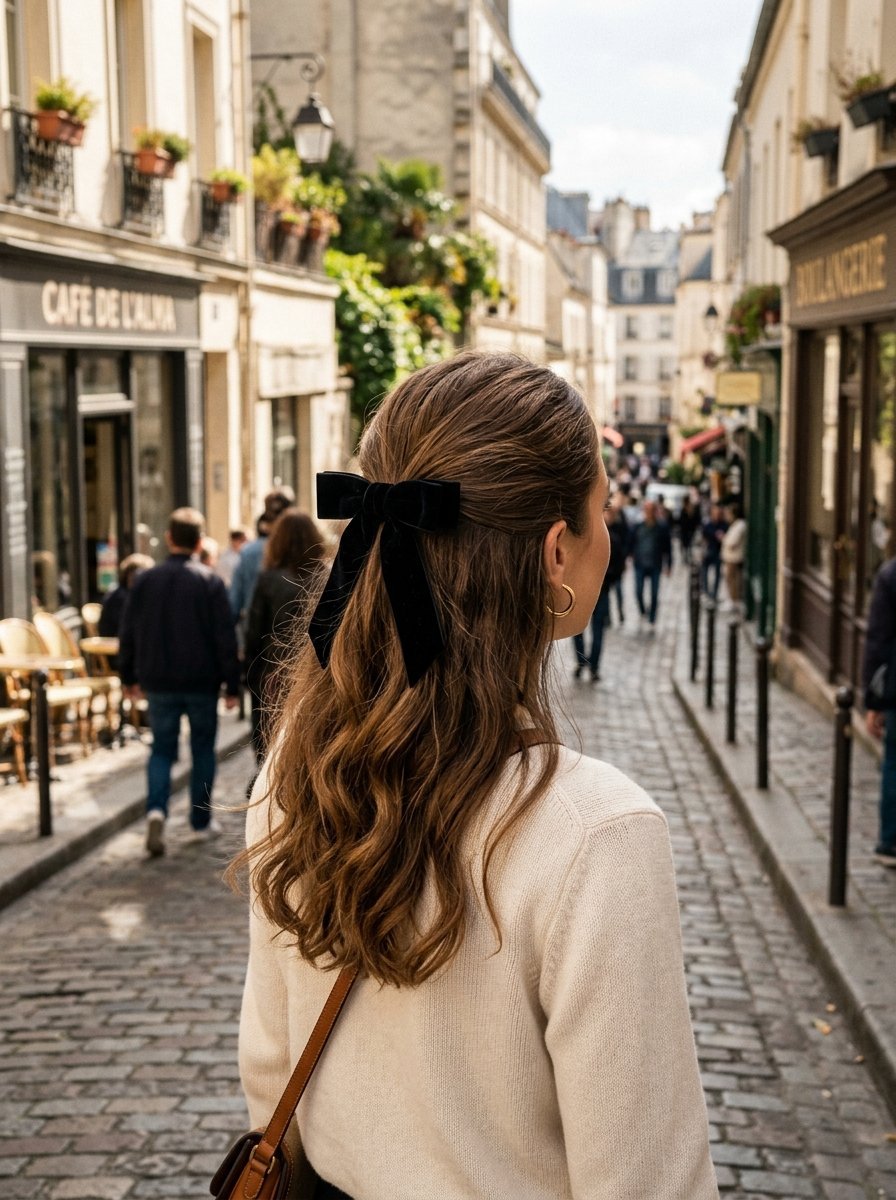 Rear view of a woman with wavy hair and a black velvet bow walking along a cobblestone street in Paris.