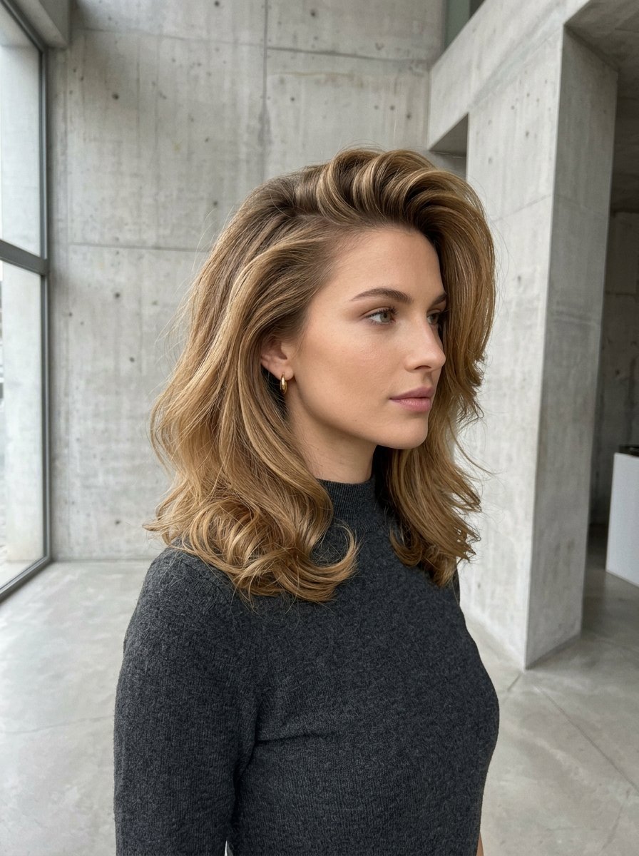 Close up of a woman in a grey sweater with soft, layered wavy hair against a concrete wall.